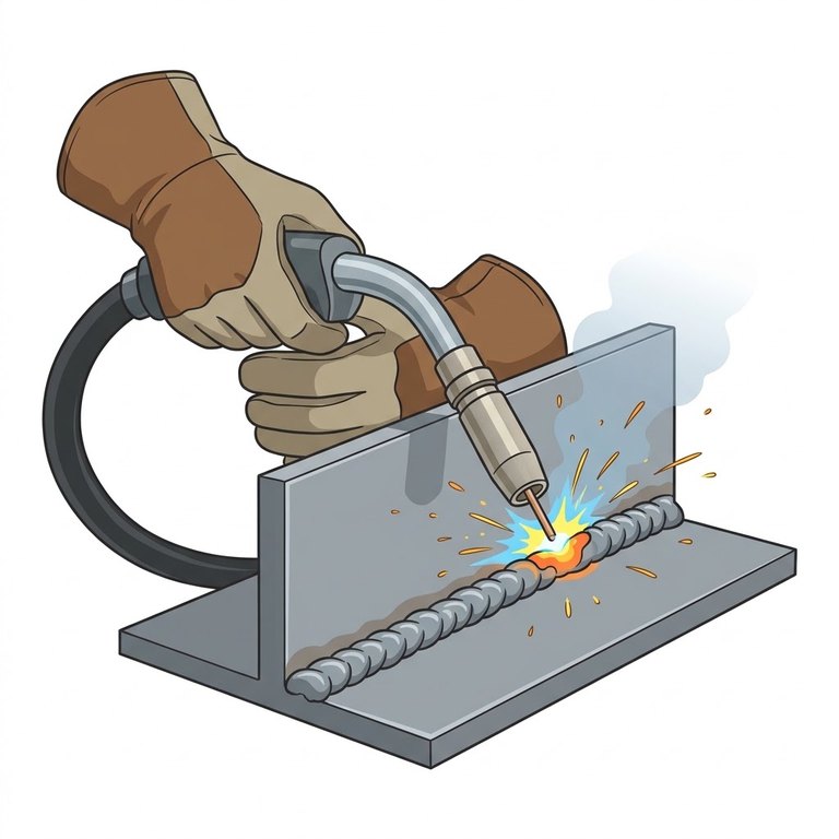 MAG : Metal Active Gas, procédé 135 : soudage à l’arc avec un fil-électrode fusible dévidé en continu sous un gaz actif (Ar + 8 à 25 % CO₂, ou CO₂ pur). Rapide, semi-automatique, c’est le procédé courant de l’acier en chaudronnerie. On règle la tension (16 à 30 V), la vitesse de fil (qui fixe le courant, 80 à 300 A) et le débit de gaz (12 à 15 L/min). Sur aluminium et inox avec gaz inerte pur, il devient le MIG (131).