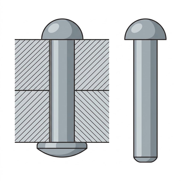 Rivet : Organe d’assemblage permanent, tige avec une tête formée d’un côté et refoulée de l’autre. L’aéronautique rive à froid des rivets pleins en alliage d’aluminium (2117, 2024) posés à la riveteuse pneumatique et à la bouterolle, ou des rivets aveugles quand une seule face est accessible. Il travaille en cisaillement : F = τ × π × d² ÷ 4 par section ; un rivet ø4 en 2117 (τ ≈ 180 MPa) tient environ 2,3 kN.