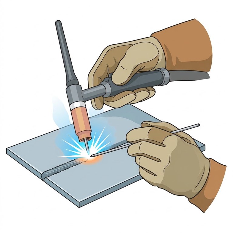TIG : Tungsten Inert Gas, procédé 141 : arc entre une électrode de tungstène non fusible et la pièce, sous argon, avec un métal d’apport amené à la main en baguette. Lent mais très propre, il soude les tôles fines, l’inox, l’aluminium (en courant alternatif) et les passes de fond des tuyauteries. Courant 30 à 200 A, débit d’argon 6 à 10 L/min, électrode affûtée en pointe pour l’acier.